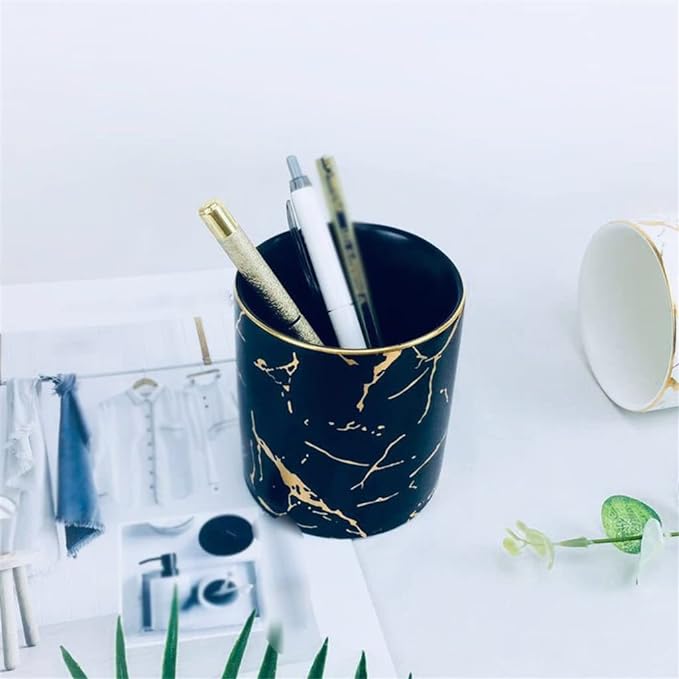 Portapenne Marmorizzato Fulmine Oro Pennello per Trucco Tazza Portaoggetti Tazza Tubo portaoggetti Arredamento per la casa (D 8.5 * 8Cm)
