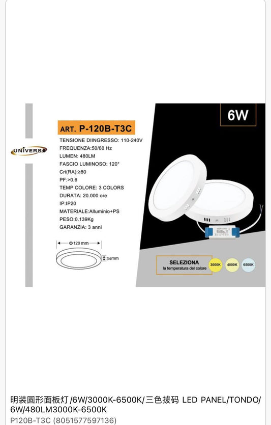 Pannello Led Tondo Da Incasso P-120B-T3C