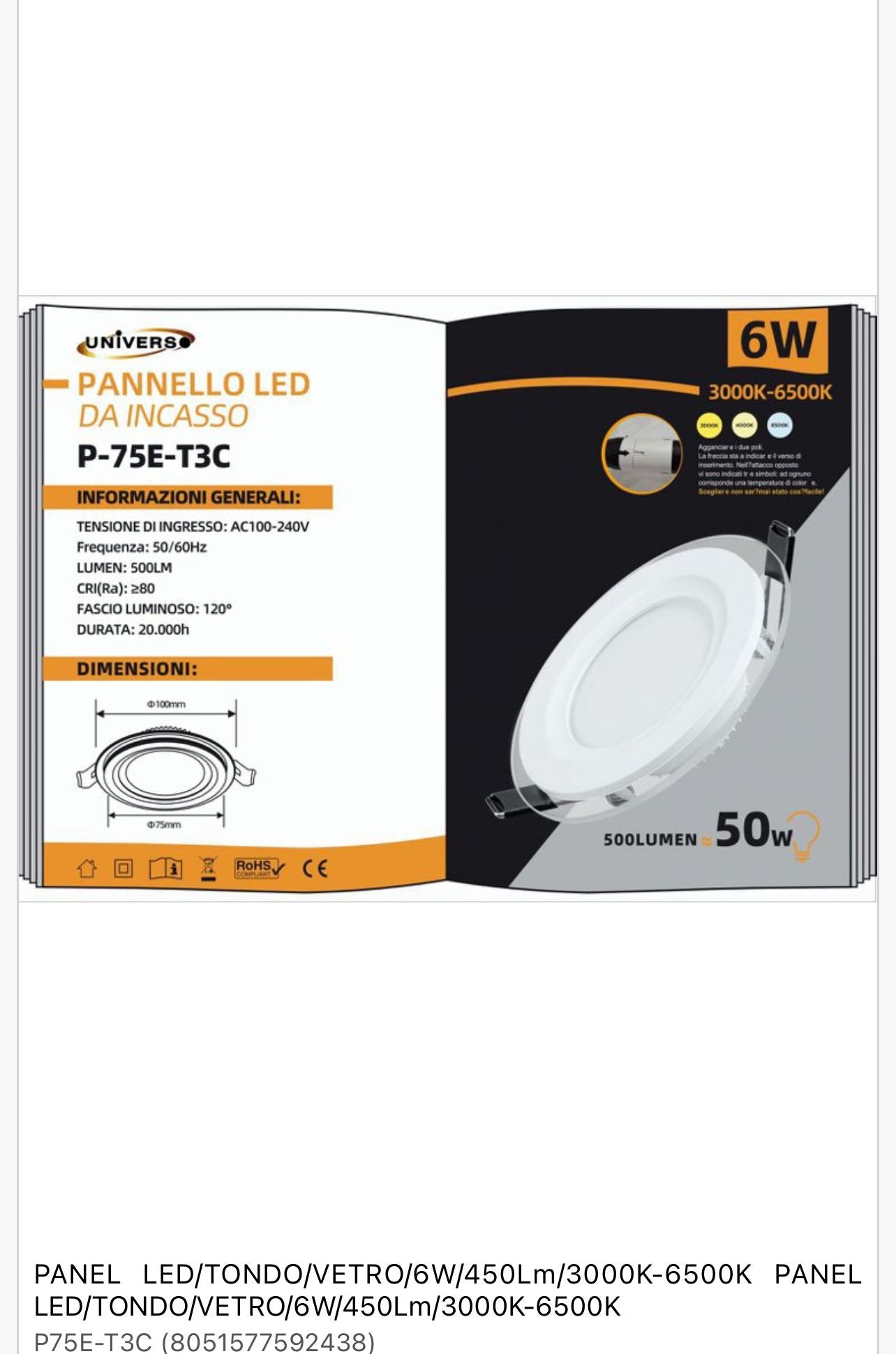 PANNELLO LED
DA INCASSO P-75E-T3C