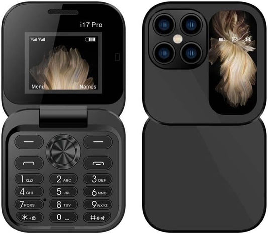 17 PRO - Mini telefono cellulare pieghevole, con radio FM, voce magica, lista nera, vibrazione, 2 schede SIM, piccolo display pieghevole, facile da usare