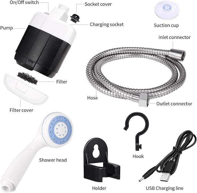 Doccia da campeggio portatile, pompa per doccia ricaricabile tramite USB, soffione doccia portatile da esterno, pompa l'acqua dal secchio in un flusso doccia stabile e delicato, per campeggio,