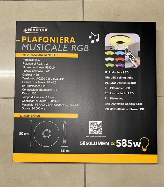 Universo Plafoniera LED 65W RGB dimmerabile cassa bluetooth smartphone APP telecomando IR