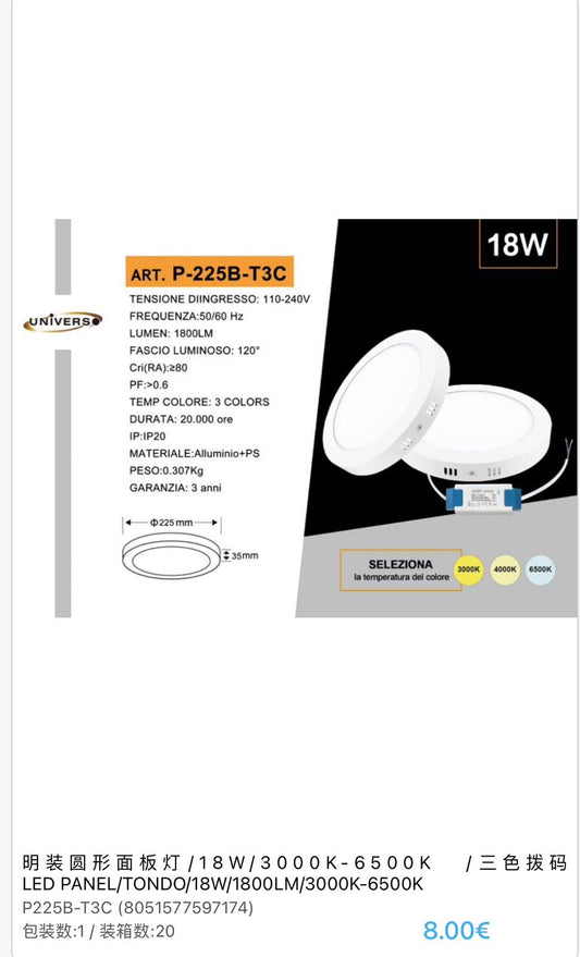 PANNELLO LED DA INCASSO P-225B-T3C