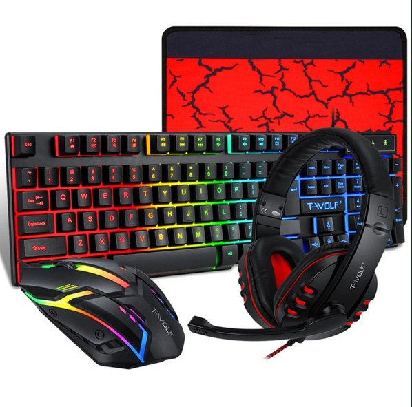 KIT GAMING TASTIERA PC MOUSE CUFFIE MOUSEPAD 4 IN 1 RETROILLUMINATO