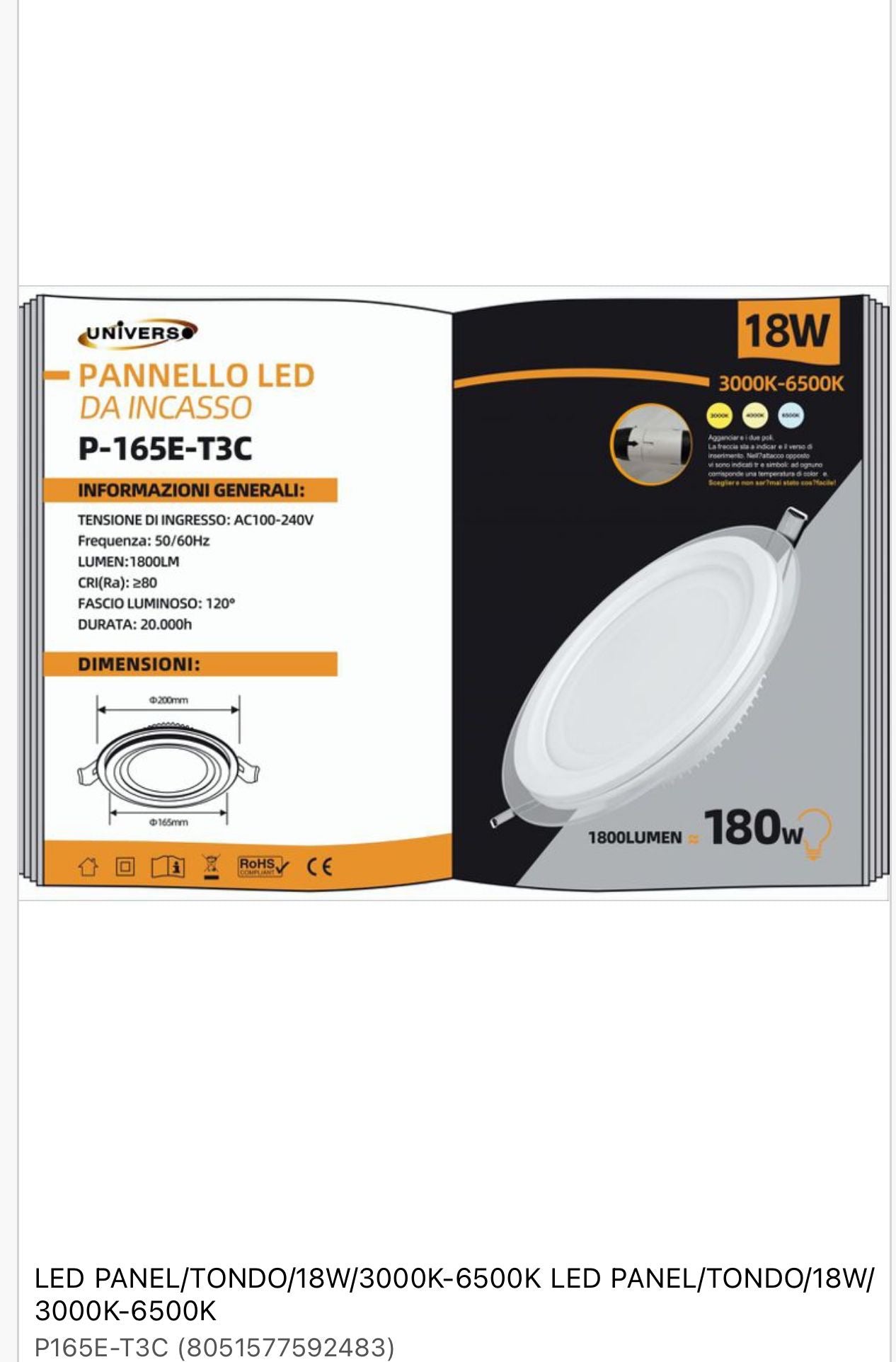 PANNELLO LED
DA INCASSO P-165E-T3C