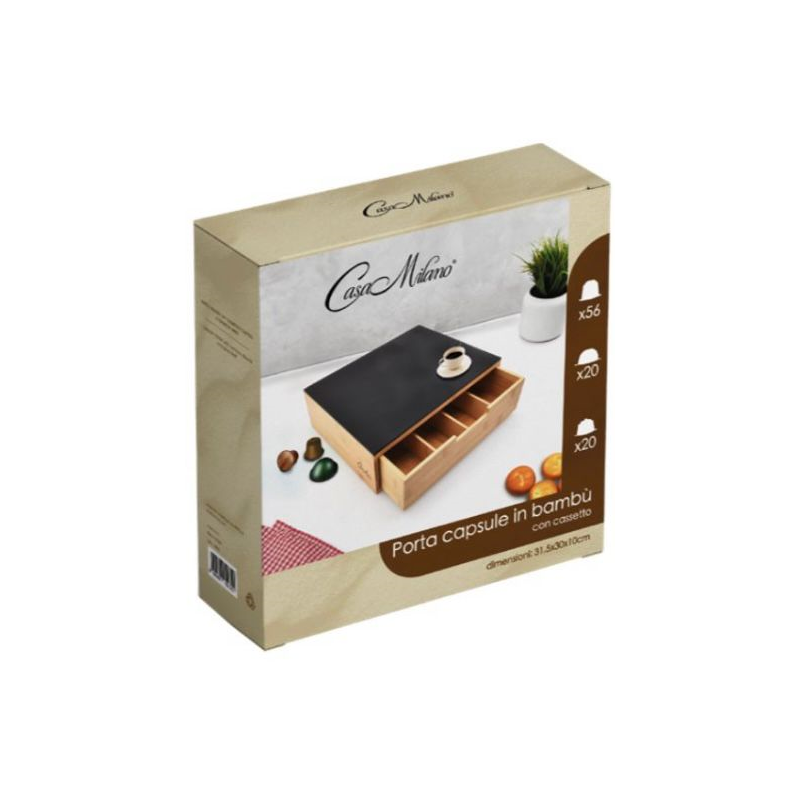 Porta Capsule & Cialde in bamboo con ripiano in vetro temperato con cassetto