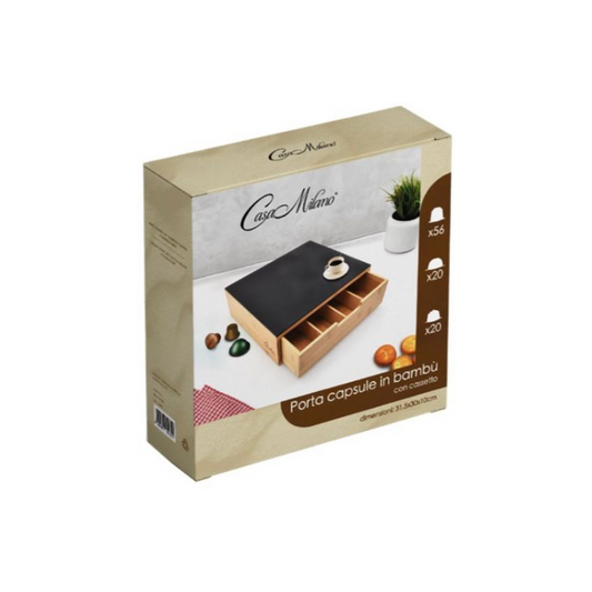 Porta Capsule & Cialde in bamboo con ripiano in vetro temperato con cassetto