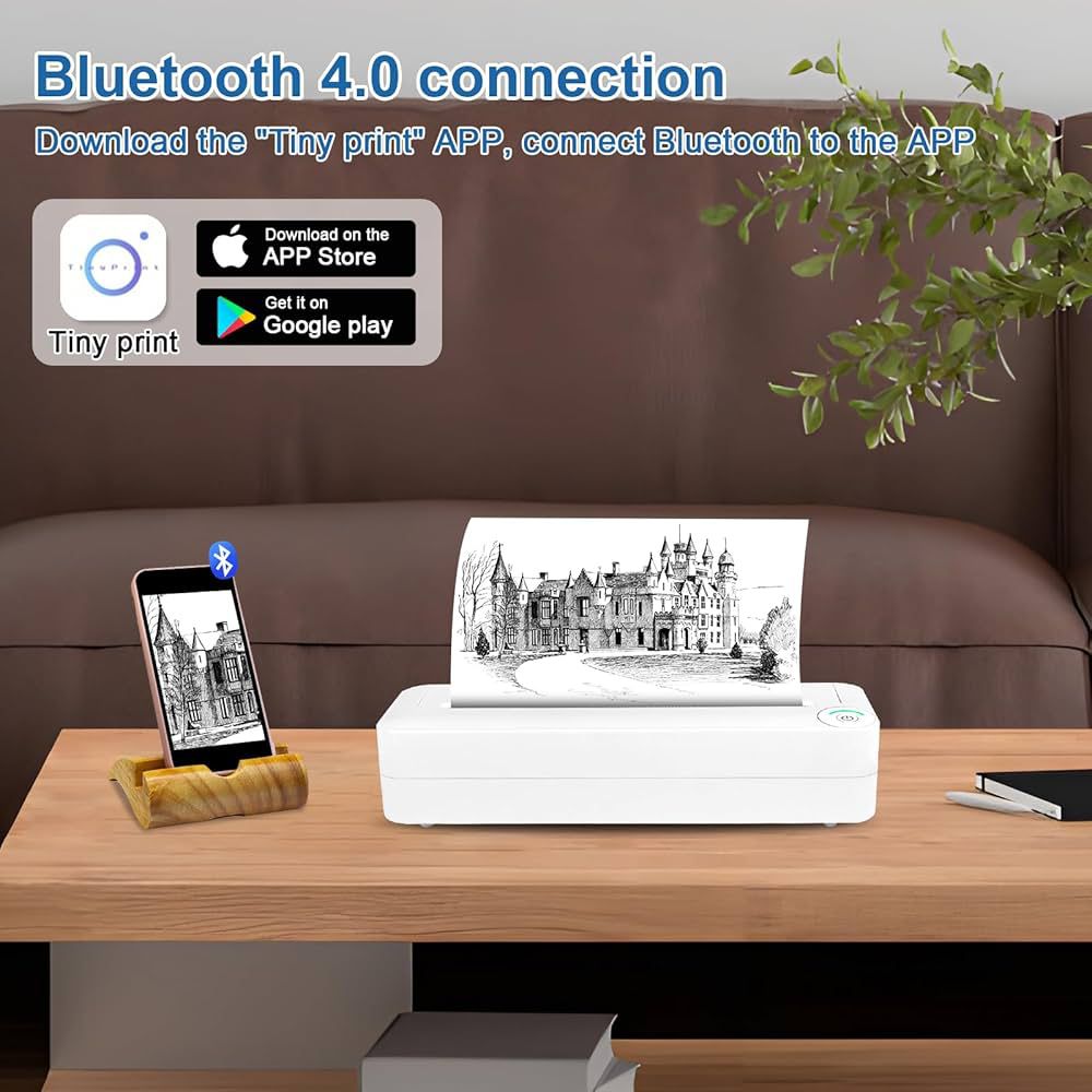 Stampante portatile,Stampante portatile per carta A4 Stampa termica Wireless BT Connect Compatibile con iOS e Android Supporto per stampante fotografica mobile