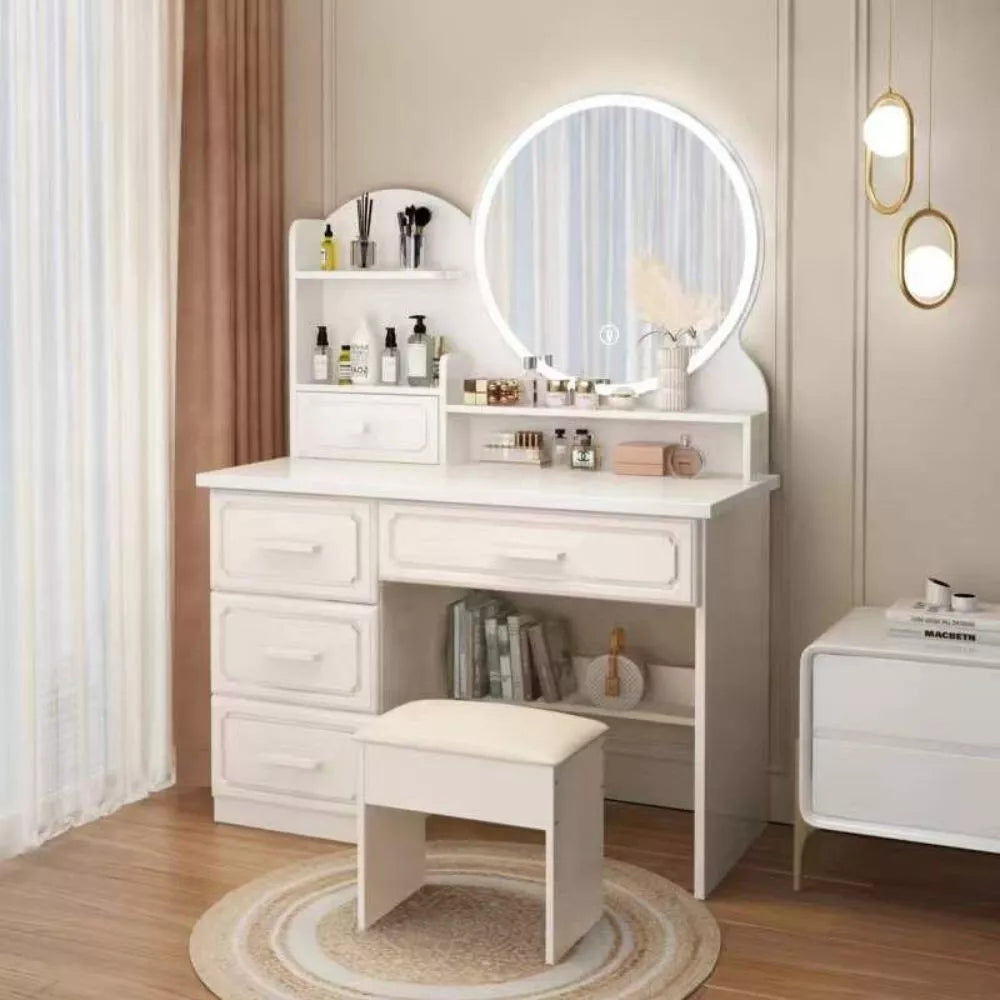 POSTAZIONE TRUCCO TOELETTA CON SGABELLO TAVOLO MAKEUP SPECCHIERA LED BIANCO