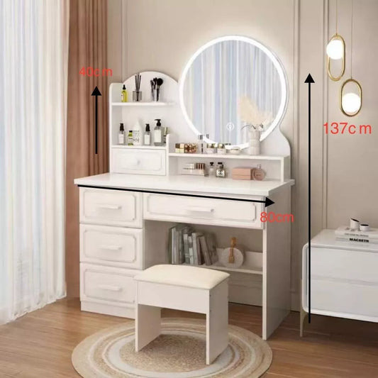 POSTAZIONE TRUCCO TOELETTA CON SGABELLO TAVOLO MAKEUP SPECCHIERA LED BIANCO